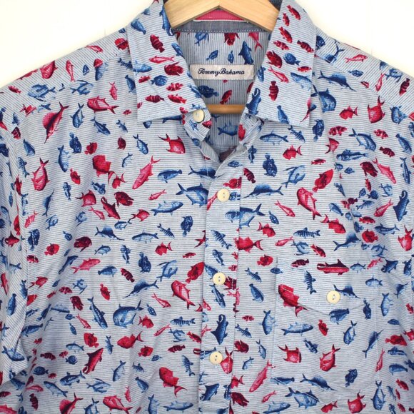 TOMMY BAHAMA Men's Size Novelty Fish Print Cotton Hawaiian Shirt Summer - Picture 2 of 8
